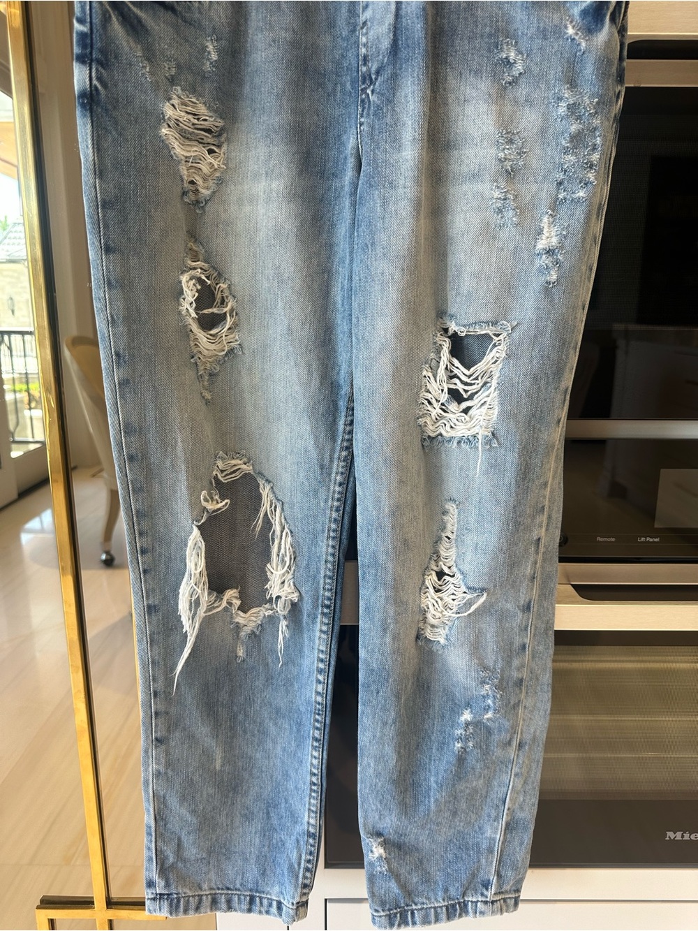 Zara Trafaluc Blue Light Wash Denim Distressed Boehmian Country Overalls- Size S - Picture 5 of 12